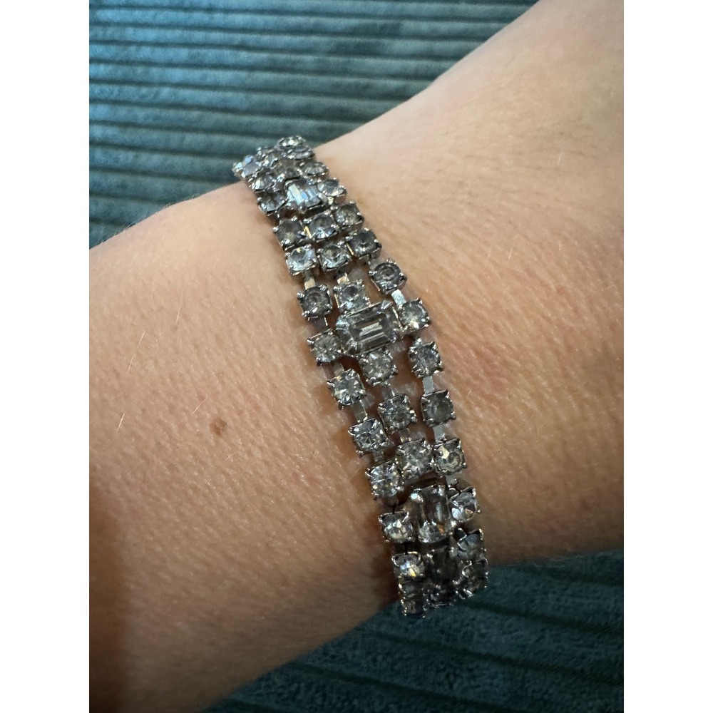 Vintage Rhinestone Bracelet Three Row Art Deco Silver Tone Costume‎ Jewelry